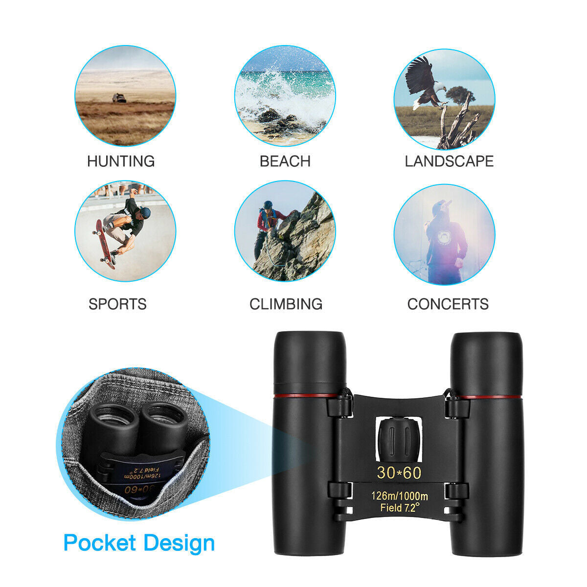Binoculars 30x60 Zoom Travel Compact Binoculars