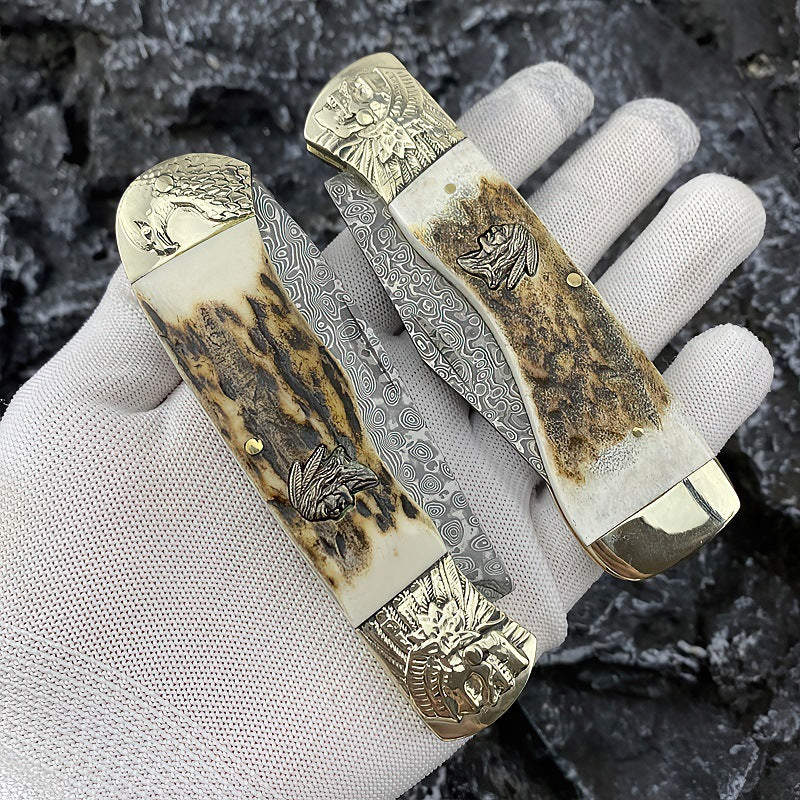 Antler Outdoor Damascus Folding Knife